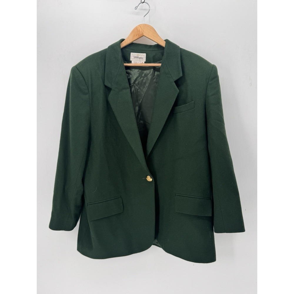Vtg WORTHINGTON Lined Pure WOOL Dark Green 1-Button Pockets BLAZER Jacket Sz 18